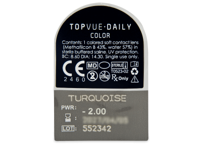 TopVue Daily Color - Turquoise - jednodnevne leće dioptrijske (2 kom leća) - Pregled blister pakiranja 