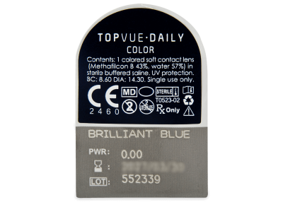 TopVue Daily Color - Brilliant Blue - jednodnevne leće bez dioptrije (2 kom leća) - Pregled blister pakiranja 